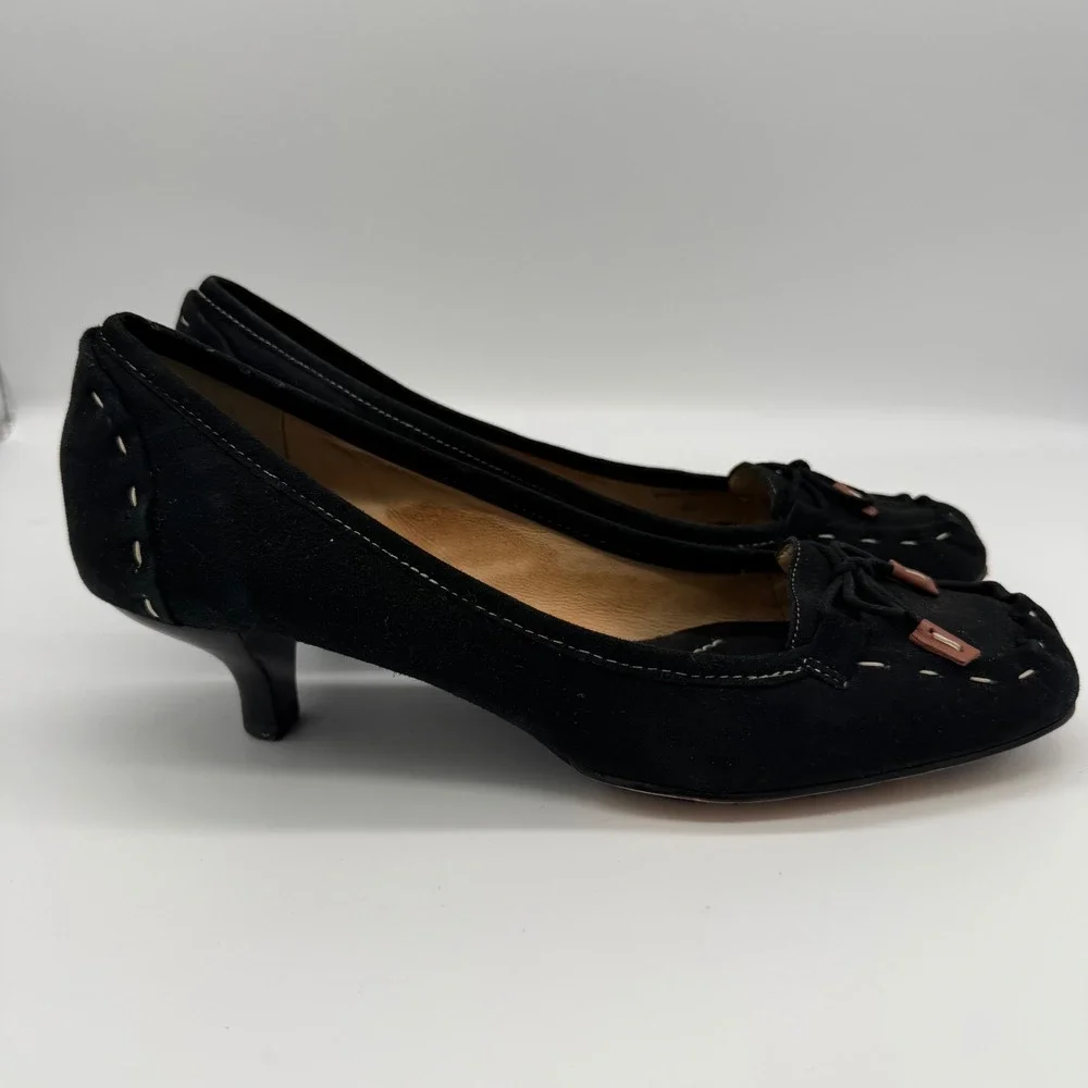 Kate Spade Black Laney Suede Square Toe Kitten Heel Pumps Whipstitch Bow Size 9M